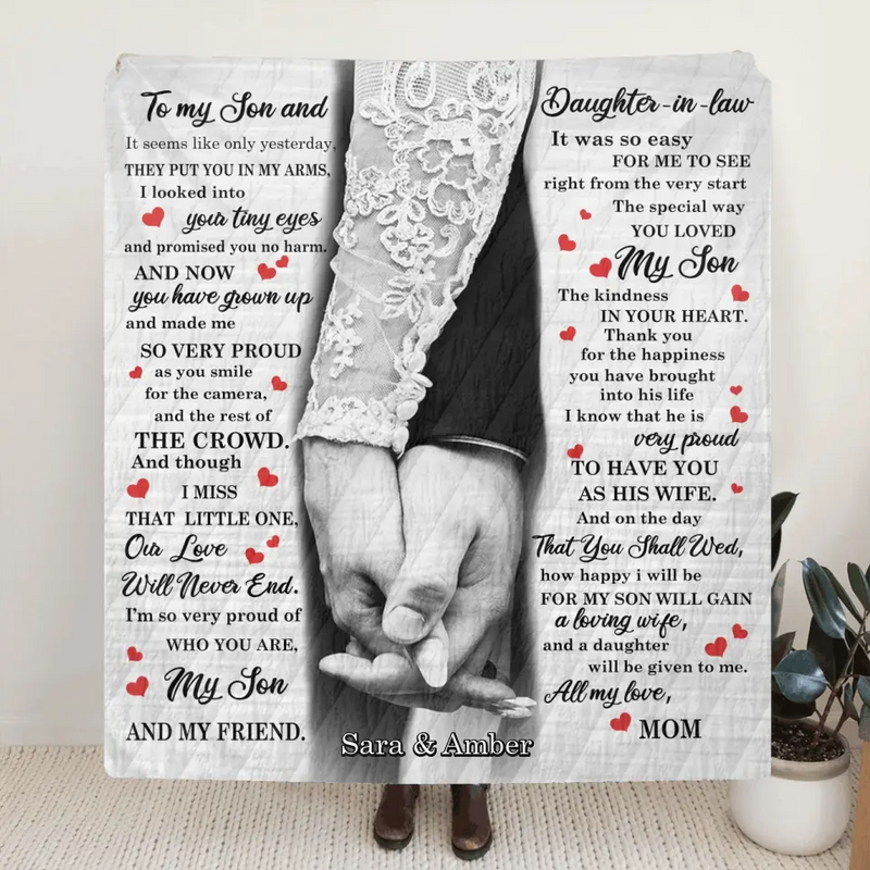 Personalized To My Son And Daughter In Law Quilt/Fleece Throw Blanket - Gift For Son On Wedding Day From Mother Of Groom