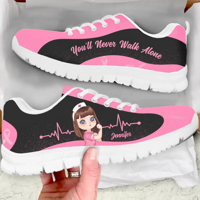 Custom Personalized Breast Cancer Sneakers - Gift To Friend/ Woman - You'll Never Walk Alone