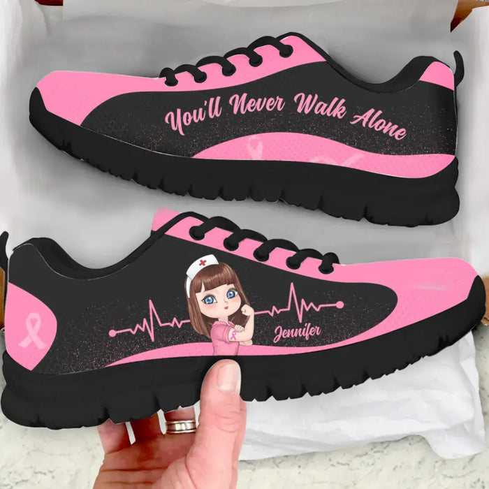 Custom Personalized Breast Cancer Sneakers - Gift To Friend/ Woman - You'll Never Walk Alone