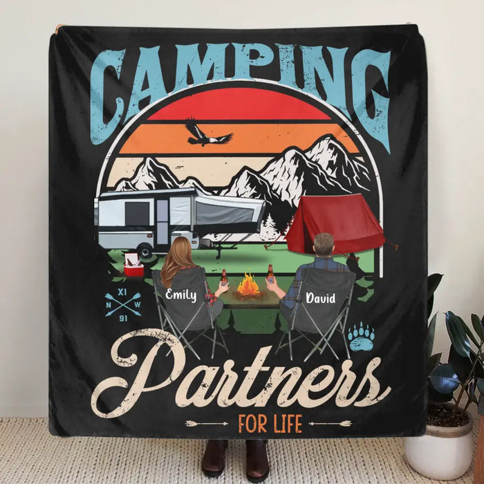 Custom Personalized Camping Quilt/Single Layer Fleece Blanket - Gift Idea For Camping Lover - Upto 5 Kids 2 Pets - Camping Partners For Life