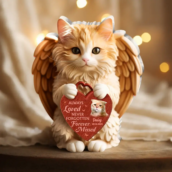 Always Loved Never Forgotten Forever Missed - Custom Personalized Angel Cute Cat Holding Heart Memorial Acrylic Plaque - Upload Photo - Memorial Gift Idea For Christmas/ Cat Owner