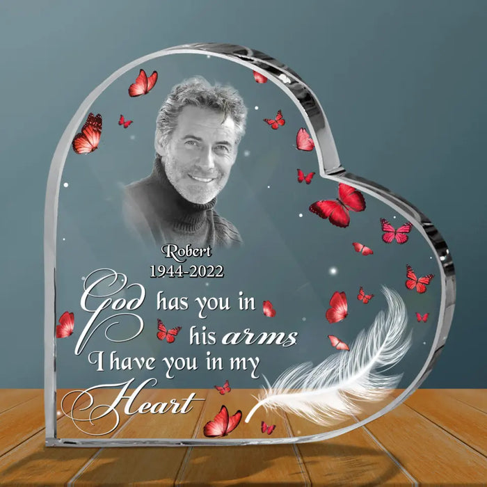 Custom Memorial Crystal Heart - Upload Photo - Memorial Gift Idea For Family - God Has You In His Arms I Have You In My Heart
