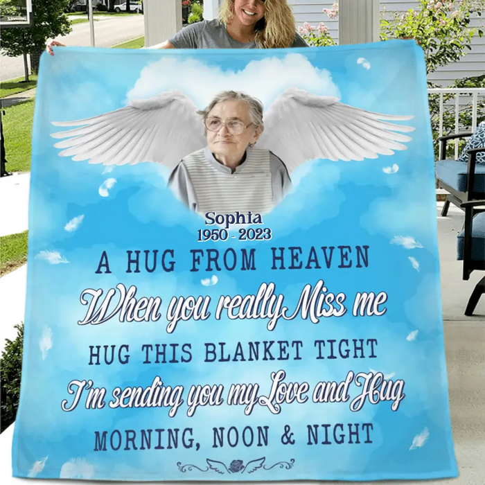 Custom Personalized Memorial Quilt/Single Layer Fleece Blanket - Upload Photo - Memorial Gift Idea For Family Member - A Hug From Heaven