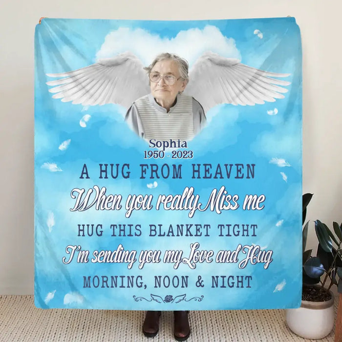 Custom Personalized Memorial Quilt/Single Layer Fleece Blanket - Upload Photo - Memorial Gift Idea For Family Member - A Hug From Heaven