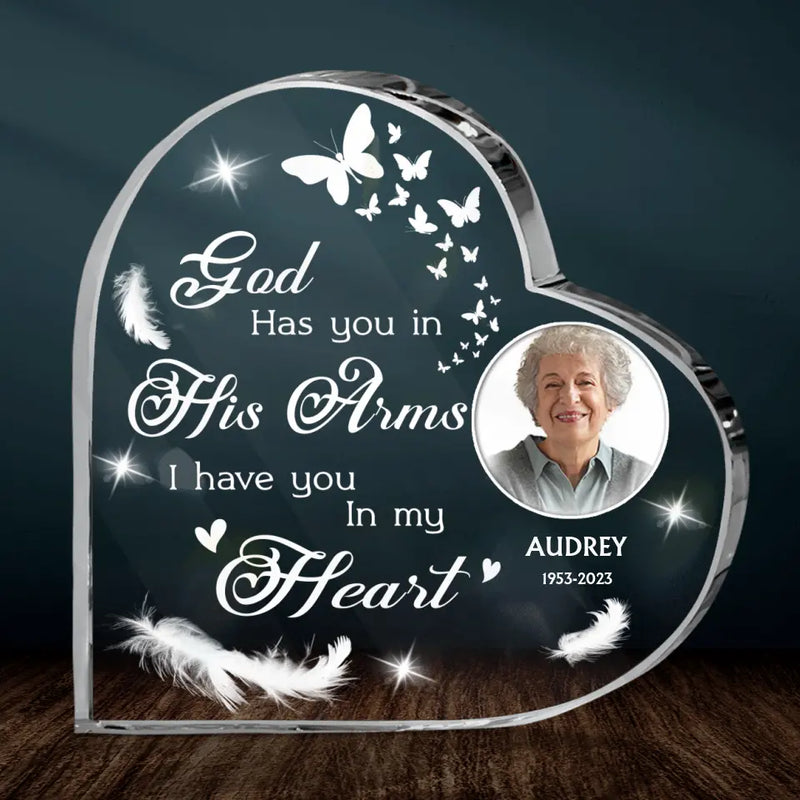 Personalized Memorial Acrylic Plaque - Upload Photo - Memorial Gift Idea For Loss Of Mom/Dad - God Has You In His Arms I Have You In My Heart