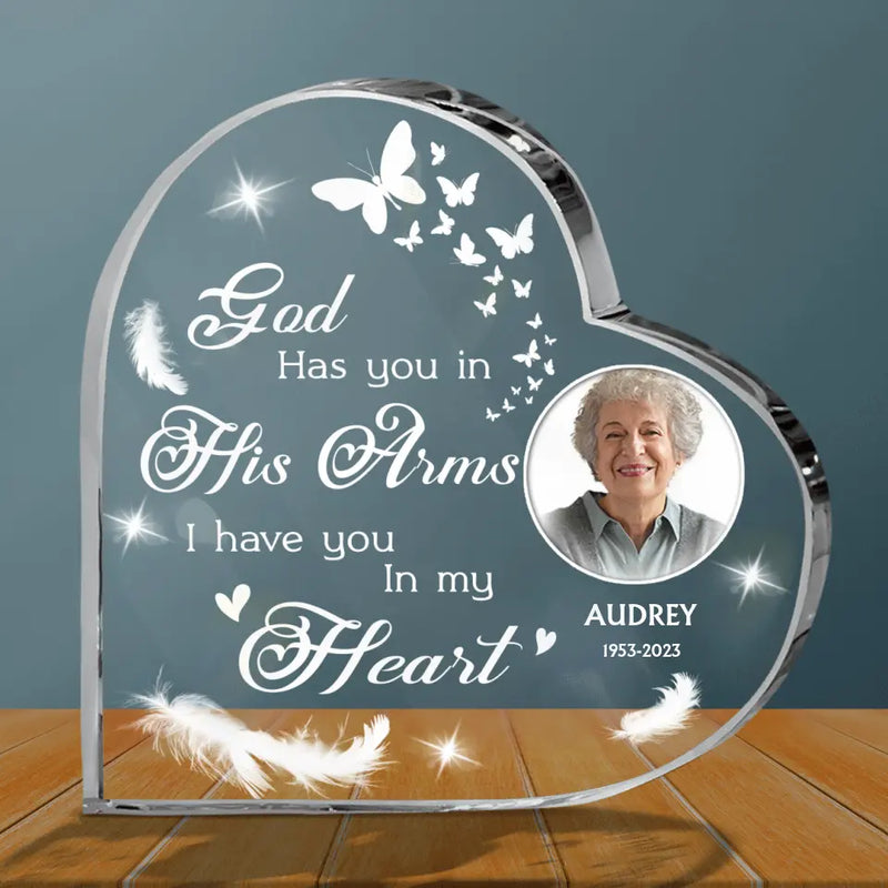 Personalized Memorial Acrylic Plaque - Upload Photo - Memorial Gift Idea For Loss Of Mom/Dad - God Has You In His Arms I Have You In My Heart