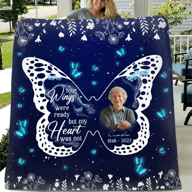 Personalized Memorial Fleece Throw Blanket/Quilt - Upload Photo - Memorial Gift Idea For Family Member - Your Wings Were Ready But My Heart Was Not