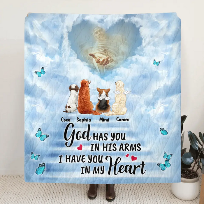 Personalized Memorial Pet Quilt/Single Layer Fleece Blanket - Memorial Gift Idea For Pet Lovers - God Has You In His Arms I Have You In My Heart