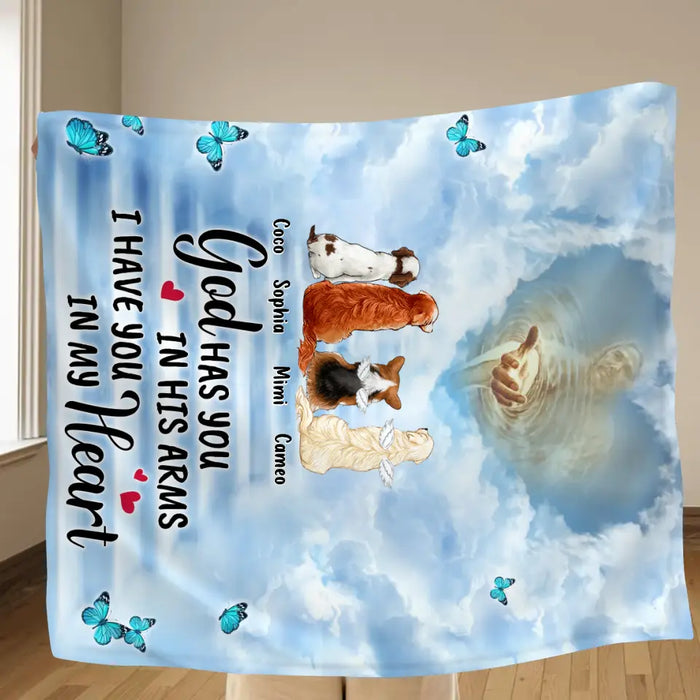 Personalized Memorial Pet Quilt/Single Layer Fleece Blanket - Memorial Gift Idea For Pet Lovers - God Has You In His Arms I Have You In My Heart