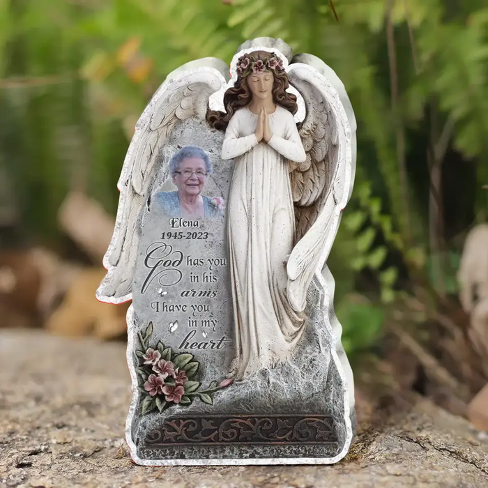 Custom Personalized Praying Angel Memorial Acrylic Plaque - Upload Photo - Christmas Memorial Gift Idea For Family Member - God Has You In His Arms I Have You In My Heart