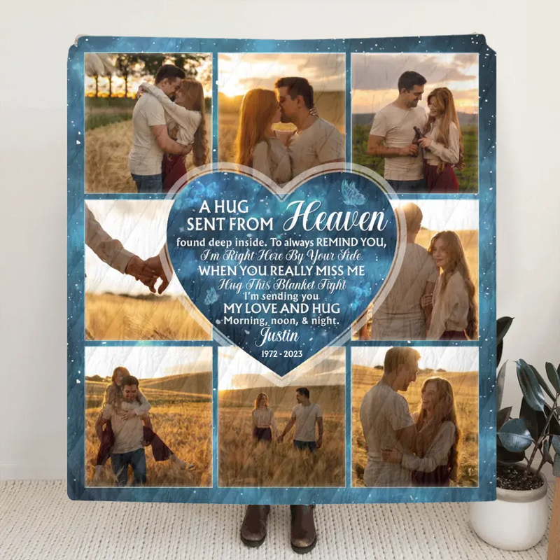 Personalized Memorial Fleece Throw Blanket/Quilt - Upload Photo - Memorial Gift Idea For Husband/Wife - A Hug Sent From Heaven