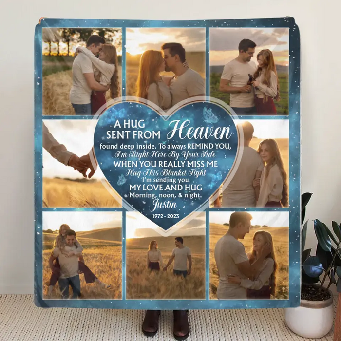 Personalized Memorial Quilt/Single Layer Fleece Blanket - Upload Photo - Memorial Gift Idea For Husband/Wife - A Hug Sent From Heaven