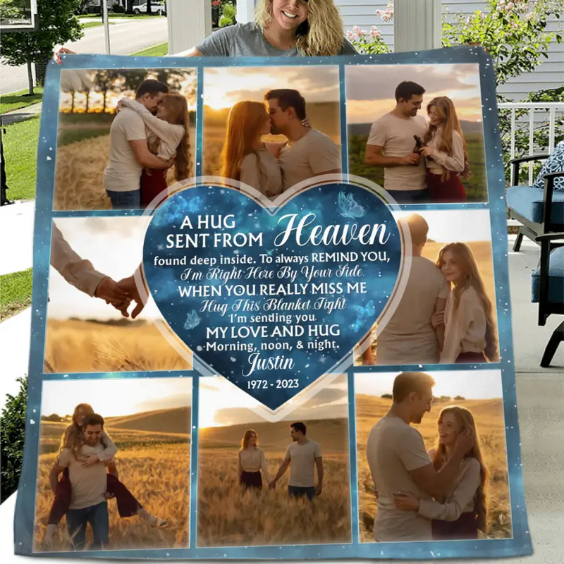 Personalized Memorial Fleece Throw Blanket/Quilt - Upload Photo - Memorial Gift Idea For Husband/Wife - A Hug Sent From Heaven