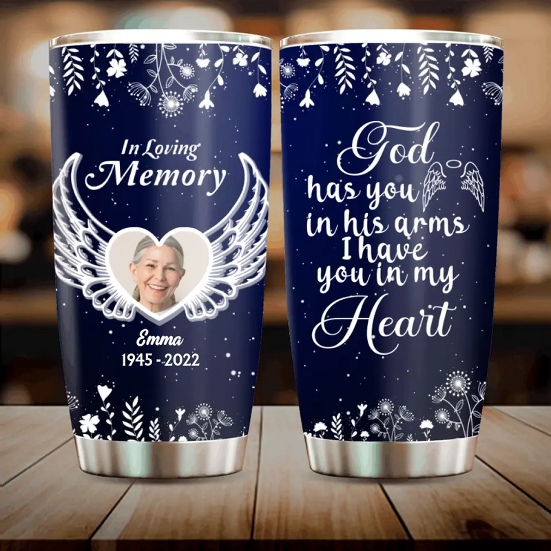 Personalized Memorial Photo Tumbler - Memorial Gift Idea For Family - God Has You In His Arms