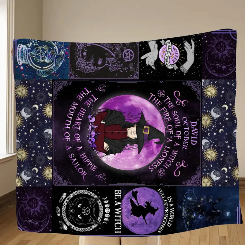 Personalized Witch Male Quilt/Fleece Throw Blanket - Halloween Gift Idea For Witch Lovers - October The Soul of A Witch The Fire Of A Lioness