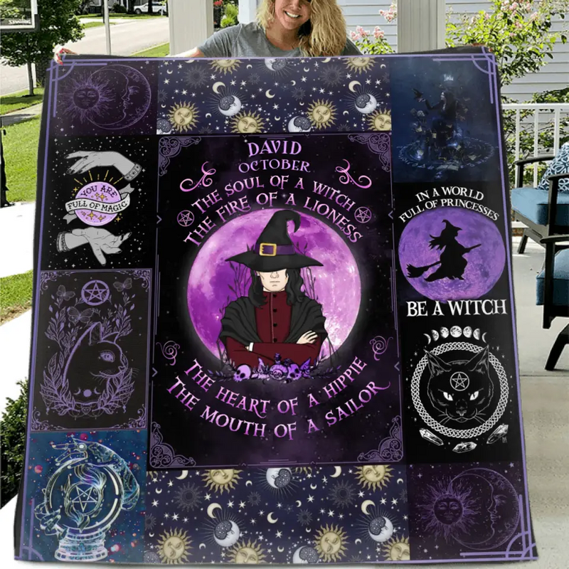 Personalized Witch Male Quilt/Fleece Throw Blanket - Halloween Gift Idea For Witch Lovers - October The Soul of A Witch The Fire Of A Lioness