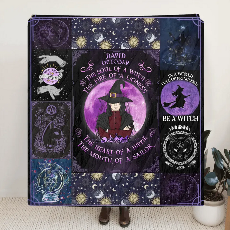 Personalized Witch Male Quilt/Fleece Throw Blanket - Halloween Gift Idea For Witch Lovers - October The Soul of A Witch The Fire Of A Lioness
