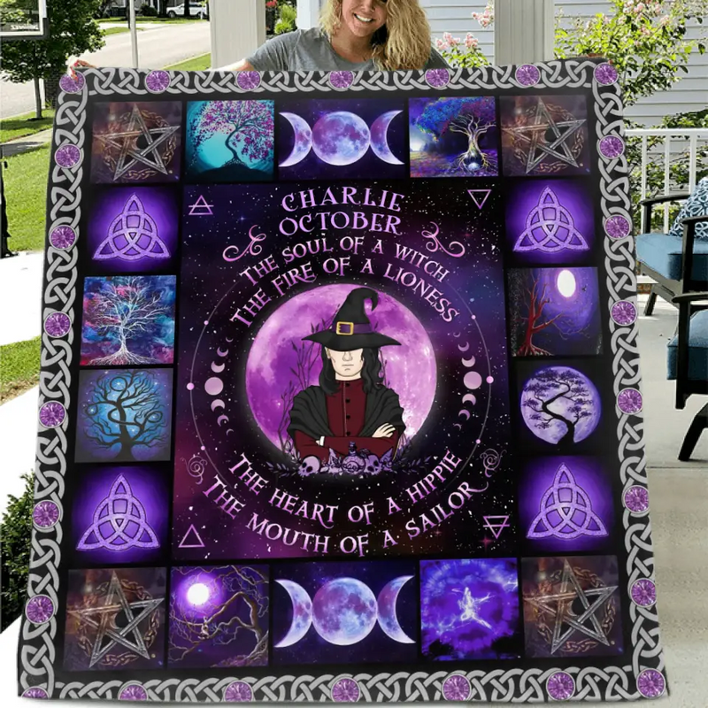Personalized Witch Male Fleece Throw Blanket/Quilt - Halloween Gift Idea For Witch Lovers - October The Fire Of A Lioness