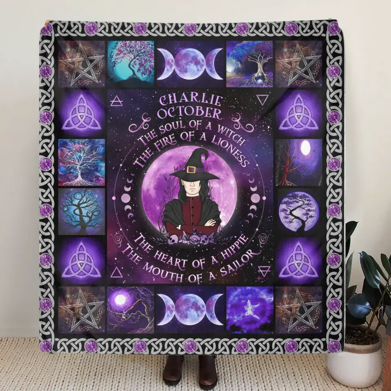 Personalized Witch Male Fleece Throw Blanket/Quilt - Halloween Gift Idea For Witch Lovers - October The Fire Of A Lioness
