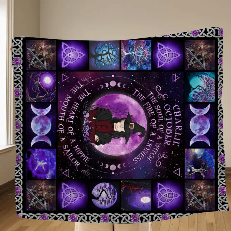 Personalized Witch Male Fleece Throw Blanket/Quilt - Halloween Gift Idea For Witch Lovers - October The Fire Of A Lioness