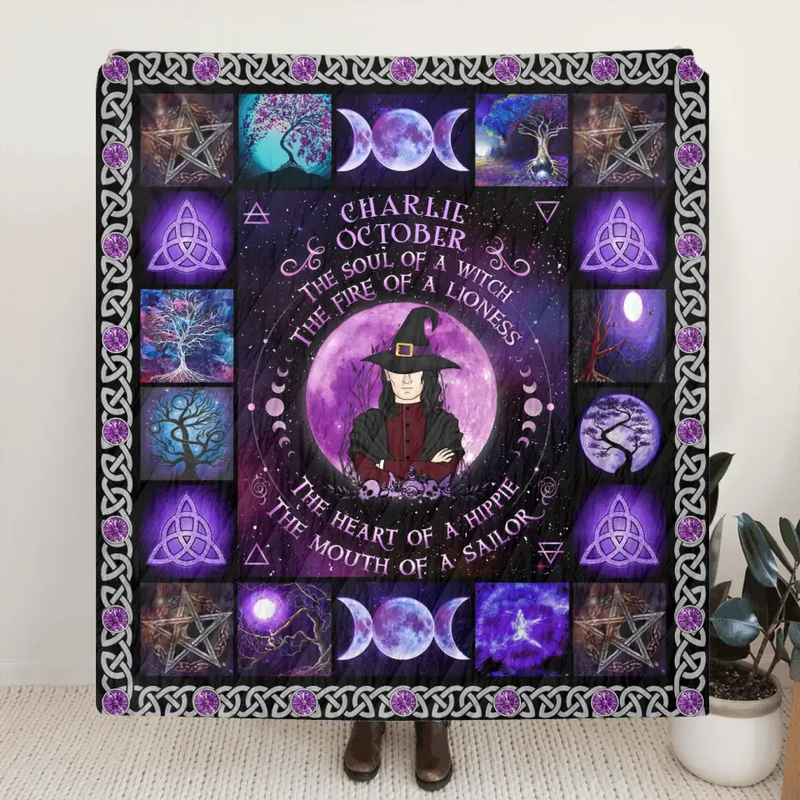 Personalized Witch Male Fleece Throw Blanket/Quilt - Halloween Gift Idea For Witch Lovers - October The Fire Of A Lioness