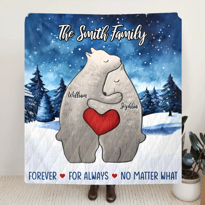 Custom Personalized Family Bear Together Quilt/ Single Layer Fleece Blanket - Gift Idea For Family/ Memorial Gift - Couple/ Parents With Upto 4 Kids - Forever For Always No Matter What