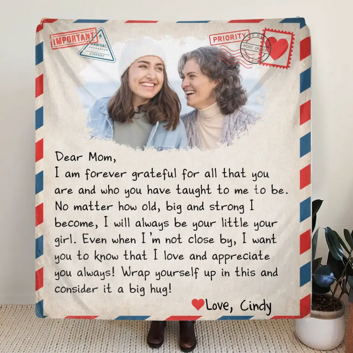 Custom Personalized Mom & Daughter Photo Quilt/ Single Layer Fleece Blanket - Gift Idea For Mom - Upload Photo - I Am Forever Grateful