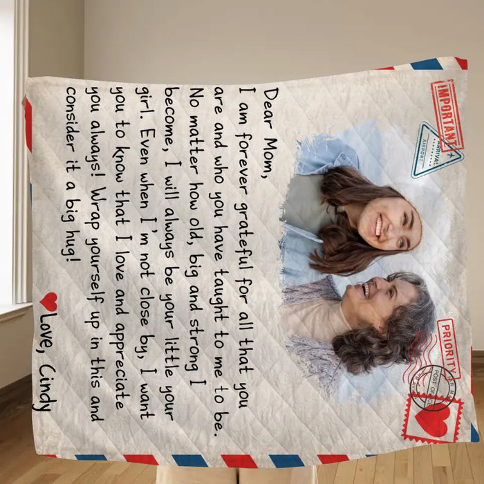 Custom Personalized Mom & Daughter Photo Quilt/ Single Layer Fleece Blanket - Gift Idea For Mom - Upload Photo - I Am Forever Grateful