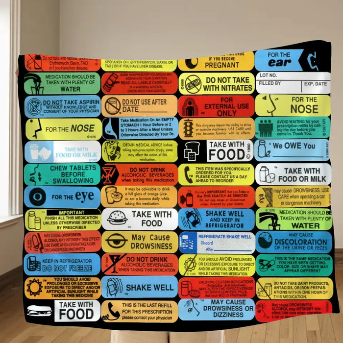 Personalized Pharmacy Labels Quilt/Fleece Throw Blanket - Gift Idea For Friends/Family Member/Pharmacist