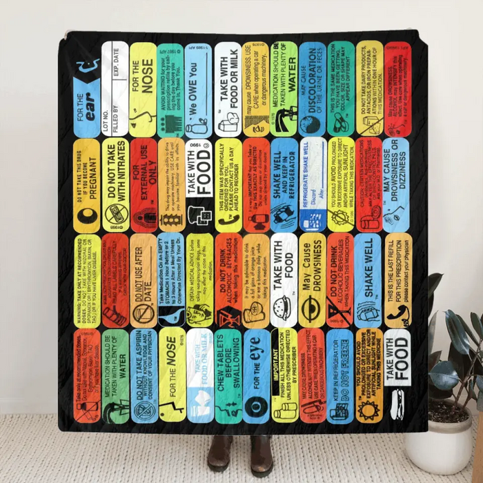 Personalized Pharmacy Labels Quilt/Fleece Throw Blanket - Gift Idea For Friends/Family Member/Pharmacist