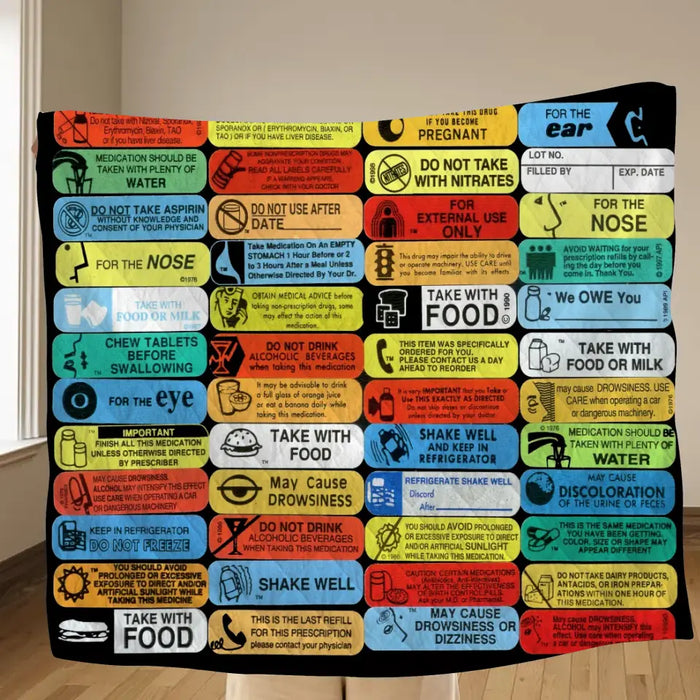 Personalized Pharmacy Labels Quilt/Fleece Throw Blanket - Gift Idea For Friends/Family Member/Pharmacist