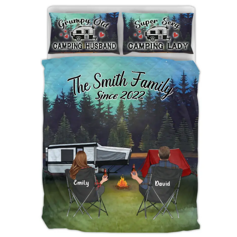 Personalized Camping Quilt Bed Sets - Gift Idea For Couple, Camping Lovers, Family - Up to 3 Kids, 3 Pets   - Custom Family Name