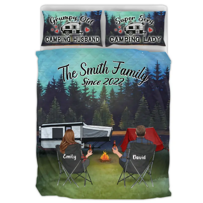 Personalized Camping Quilt Bed Sets - Gift Idea For Couple, Camping Lovers, Family - Upto 3 Kids, 3 Pets   - Custom Family Name