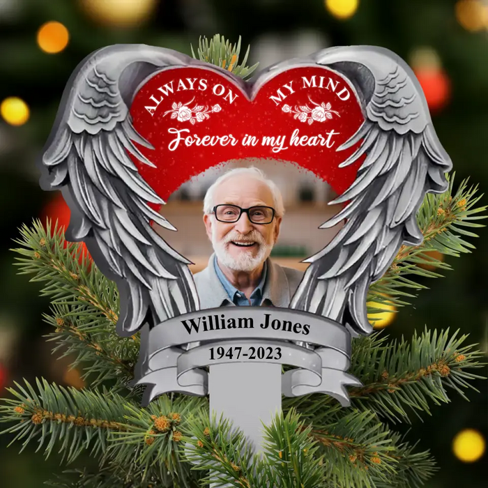 Custom Personalized Memorial Heart Wings Tree Topper - Upload Photo - Memorial Gift Idea For Christmas - Always On My Mind Forever In My Heart