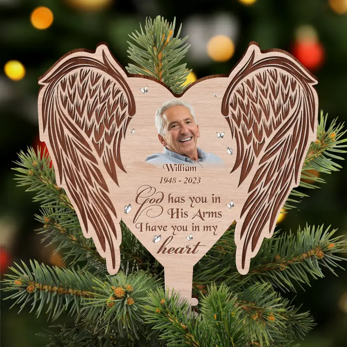 Custom Personalized Memorial Photo Tree Topper - Memorial Gift Idea for Christmas - God Has You In His Arms I Have You In My Heart