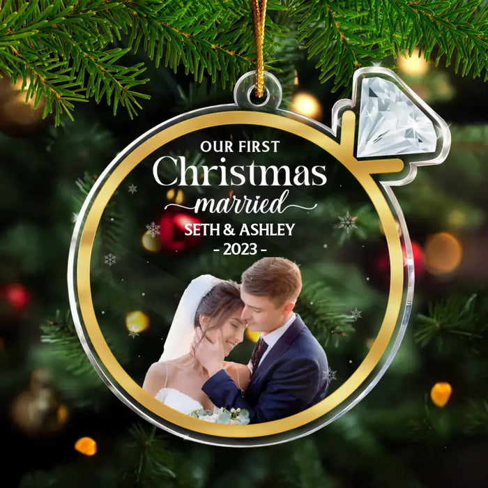 Custom Personalized Couple Acrylic Ornament - Upload Photo - Christmas 2023 Gift For Couple - Our First Christmas Married