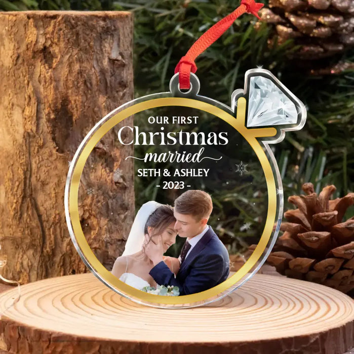 Custom Personalized Couple Acrylic Ornament - Upload Photo - Christmas 2023 Gift For Couple - Our First Christmas Married