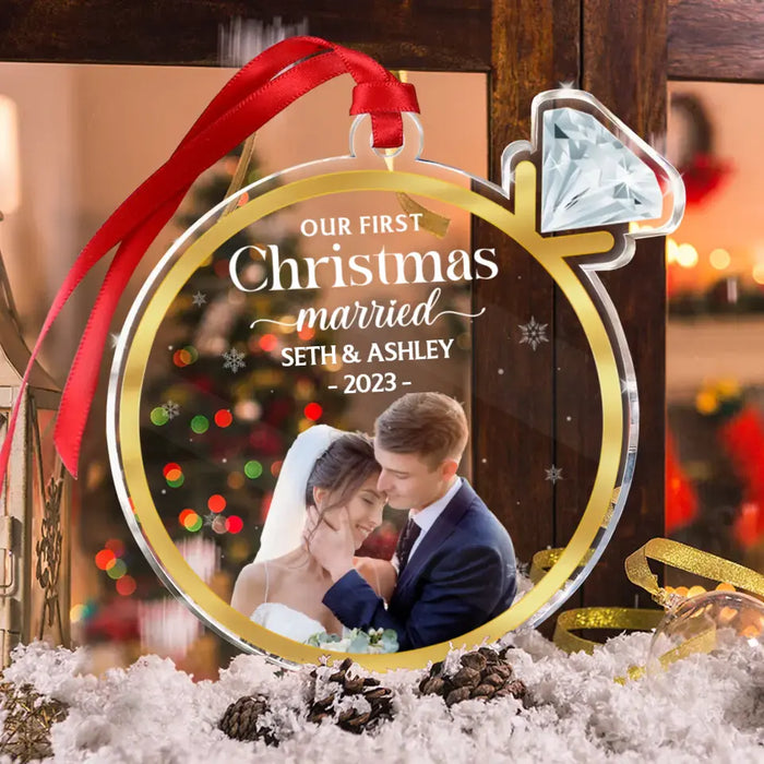 Custom Personalized Couple Acrylic Ornament - Upload Photo - Christmas 2023 Gift For Couple - Our First Christmas Married