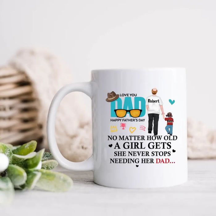 Custom Personalized Loving Dad Coffee Mug - Gift Idea For Father's Day - No Matter How Old A Girl Gets She Never Stops Needing Her Dad