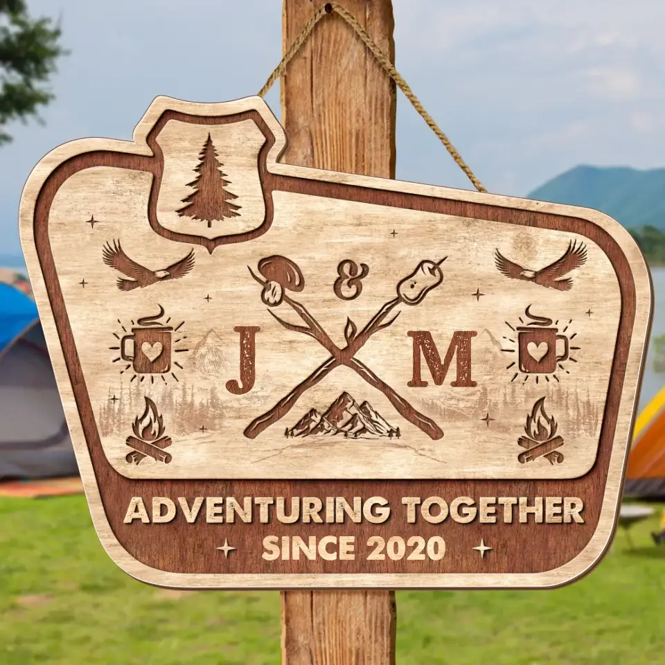 Personalized Camping Wooden Sign - Camping Family Gift Idea with up to 2 Kids and 3 Pets - Family Name main image 0