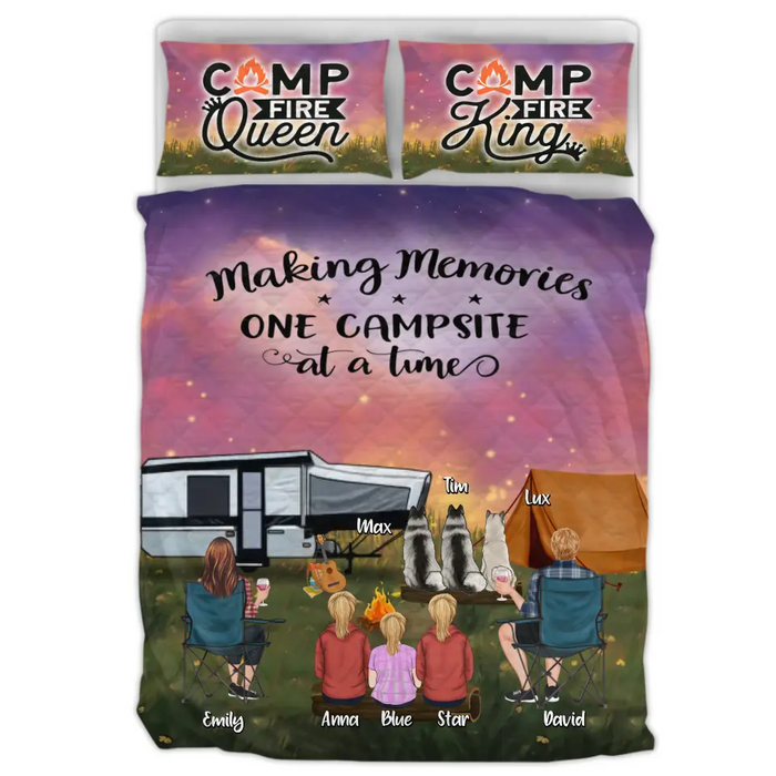 Custom Personalized Camping Couple/ Family Quilt Bed Sets - Upto 3 Kids And 4 Pets - Gift Idea For Camping Lover - Making Memories One Campsite At A Time