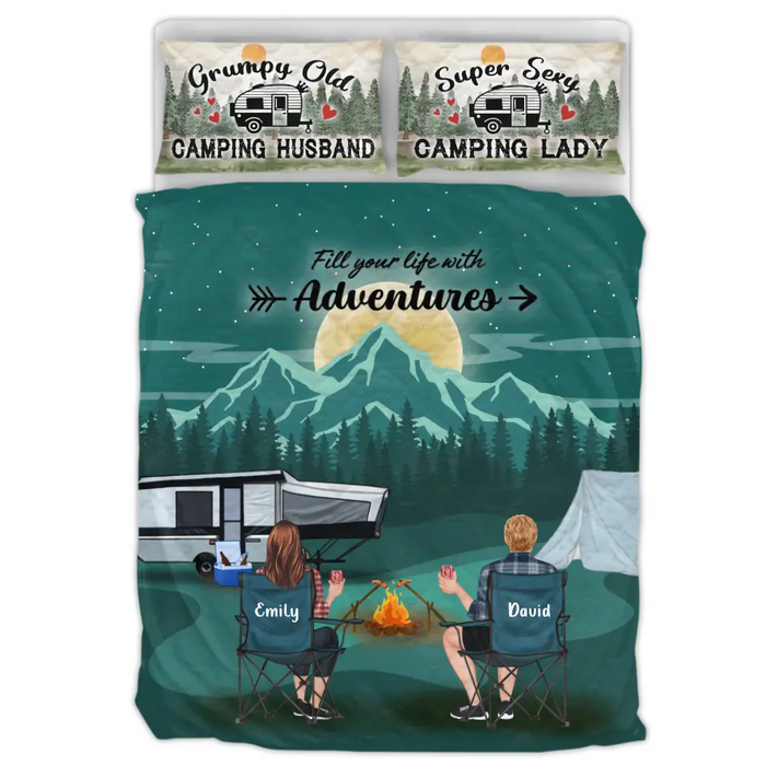 Personalized Camping Quilt Bed Sets - Gift Idea For Couple, Camping Lovers, Family - Upto 5 Kids, 4 Pets - Grumpy Old Camping Husband