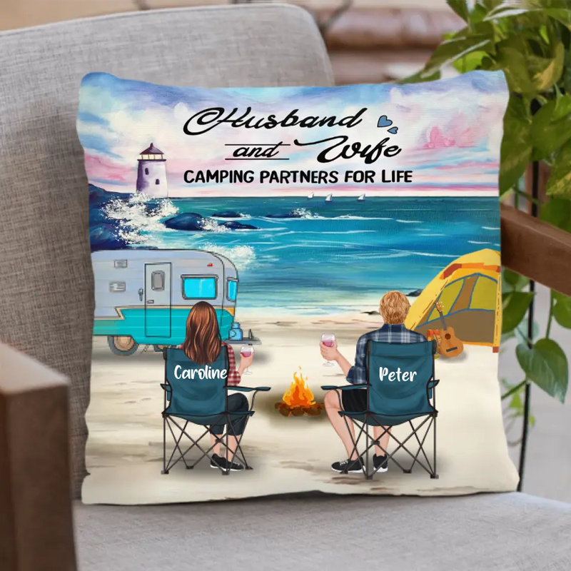 Personalized Beach Camping Pillow Cover & Quilt/Fleece Blanket - Couple/Parents With Up to 3 Kids And 4 Pets - Gift Idea For Couple/Family/Camping Lover - Husband And Wife Camping Partners For Life