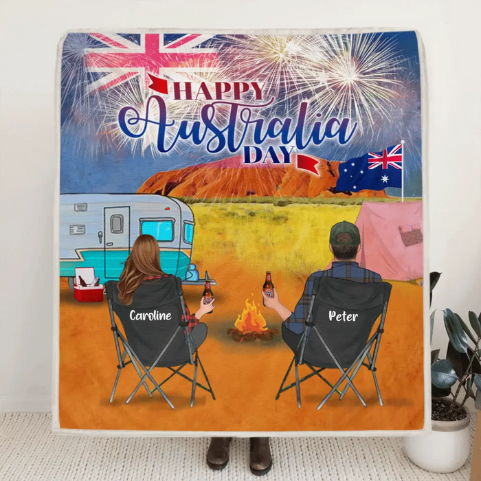 Custom Personalized Camping Happy Australia Day Quilt/ Fleece Blanket - Couple/ Parents With Upto 3 Kids And 4 Pets - Gift Idea For Camping Lover