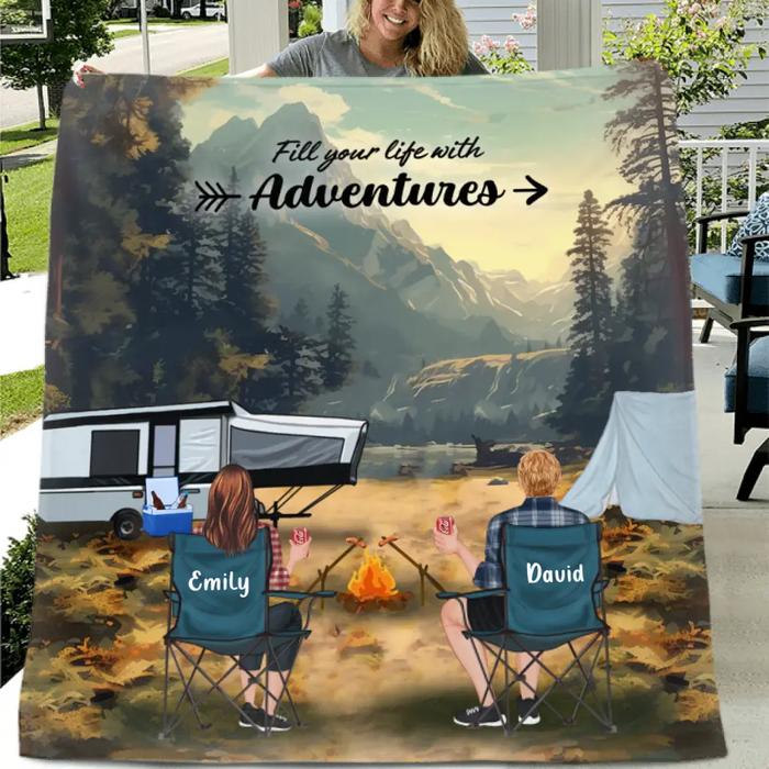 Custom Personalized Yosemite Camping Quilt/Single Layer Fleece Blanket - Gift Idea For Couple, Camping Lovers, Family - Upto 5 Kids, 4 Pets - Fill Your Life With Adventures