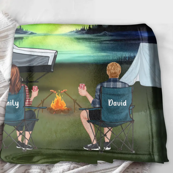 Personalized Northern Light Camping Quilt/Single Layer Fleece Blanket - Gift Idea For Couple, Camping Lovers, Family - Upto 5 Kids, 4 Pets - Fill Your Life With Adventures