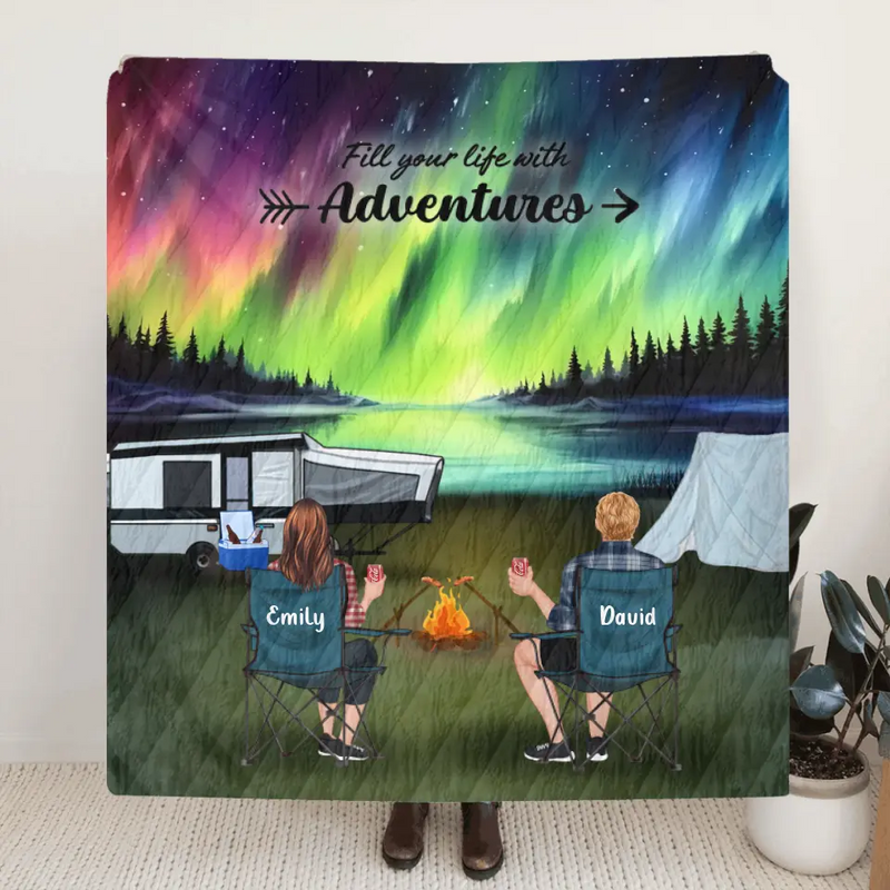 Personalized Northern Light Camping Quilt/Fleece Throw Blanket - Gift Idea For Couple, Camping Lovers, Family - Up to 5 Kids, 4 Pets - Fill Your Life With Adventures