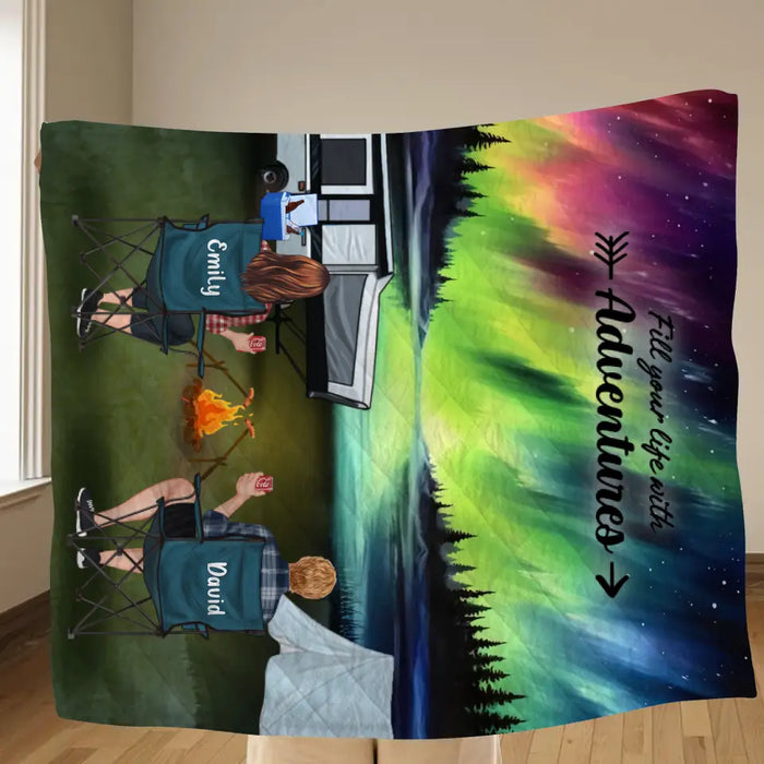 Personalized Northern Light Camping Quilt/Single Layer Fleece Blanket - Gift Idea For Couple, Camping Lovers, Family - Upto 5 Kids, 4 Pets - Fill Your Life With Adventures
