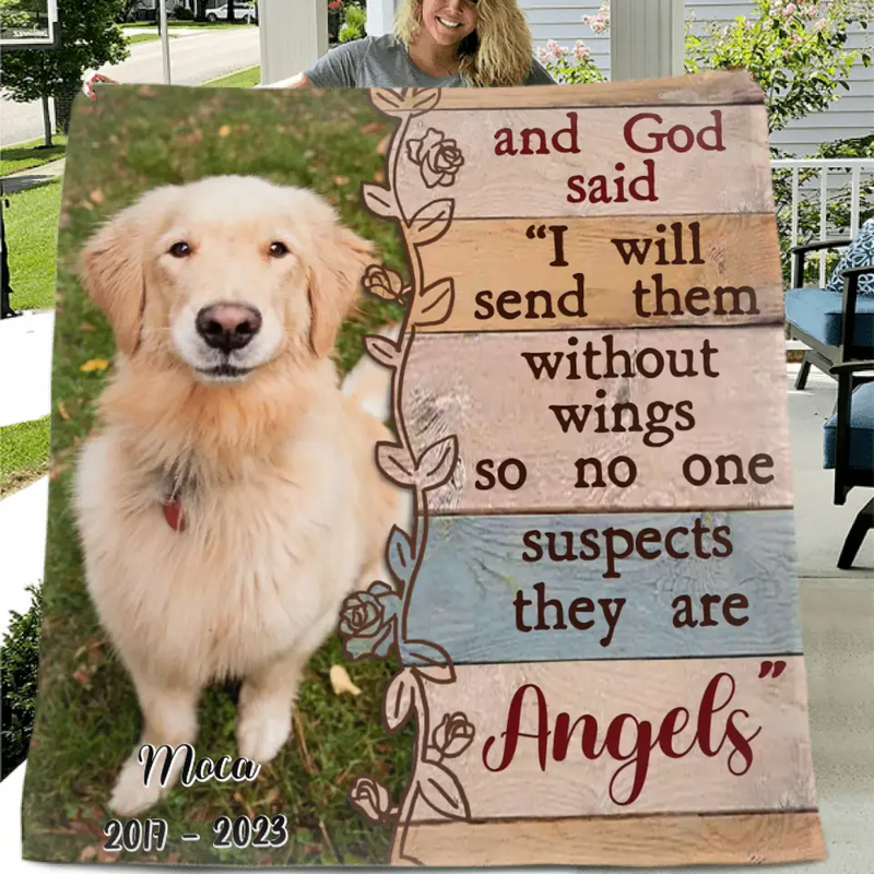 Personalized Memorial Fleece Throw Blanket/Quilt - Upload Dog/Cat Photo - And God Said "I Will Send Them Without Wings So No One Suspects They Are Angels"