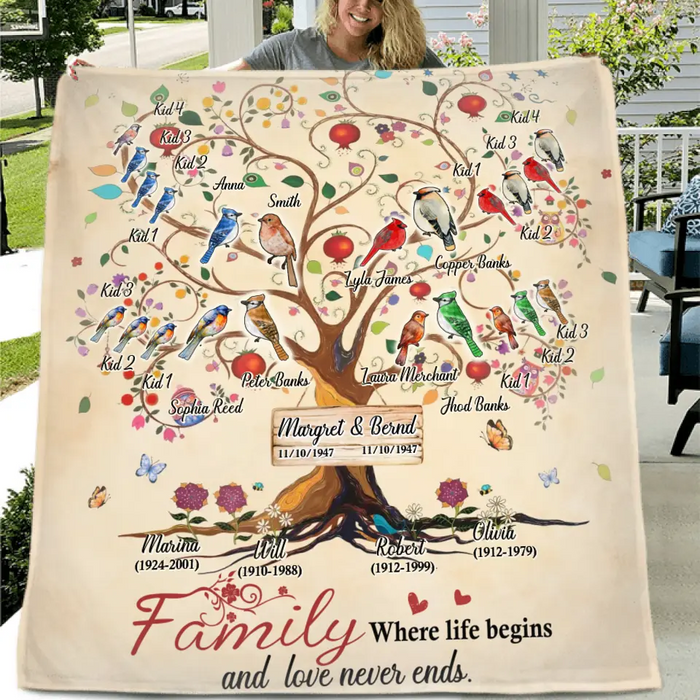 Personalized Family Tree Fleece Throw Blanket/Quilt - Gift Idea For Family - Family Where Life Begins And Love Never Ends